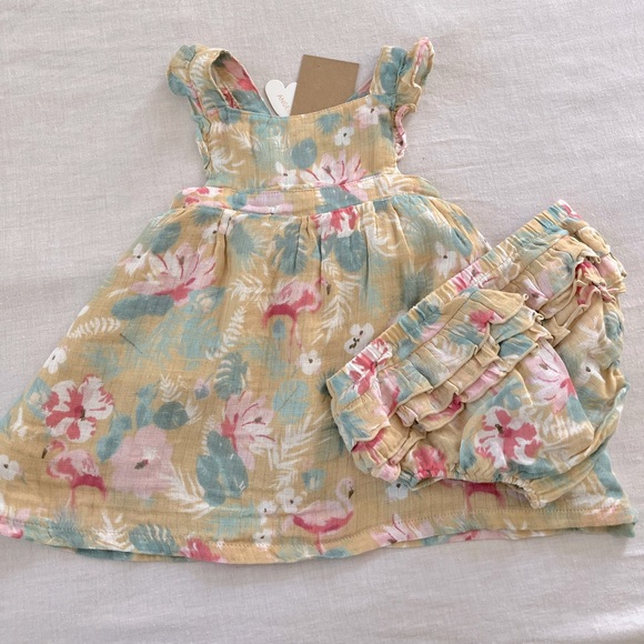 Angel Dear Other - NWT- Angel Dear cotton muslin floral flamingos sundress and diaper cover set